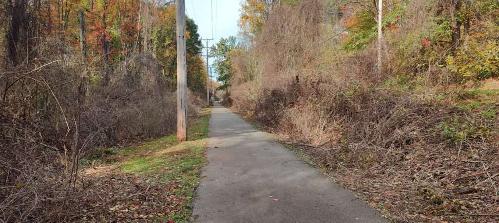 Penn Power scorched earth damage to paved trail looking west